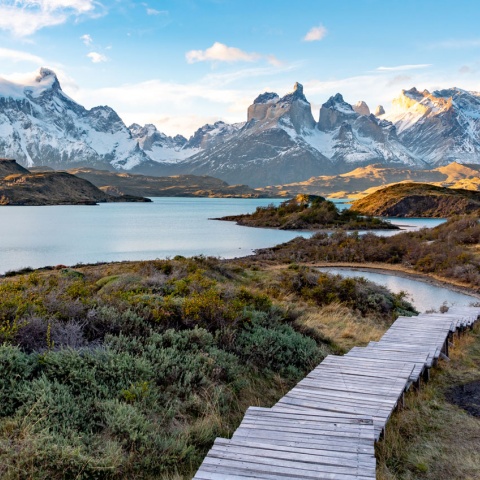 wooden foot path through the mountains